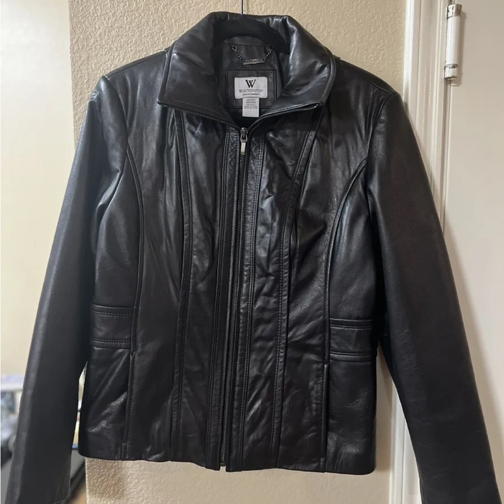Worthington Leather Jacket Womens Medium Black Full Zip Trench Coat Long Genuine